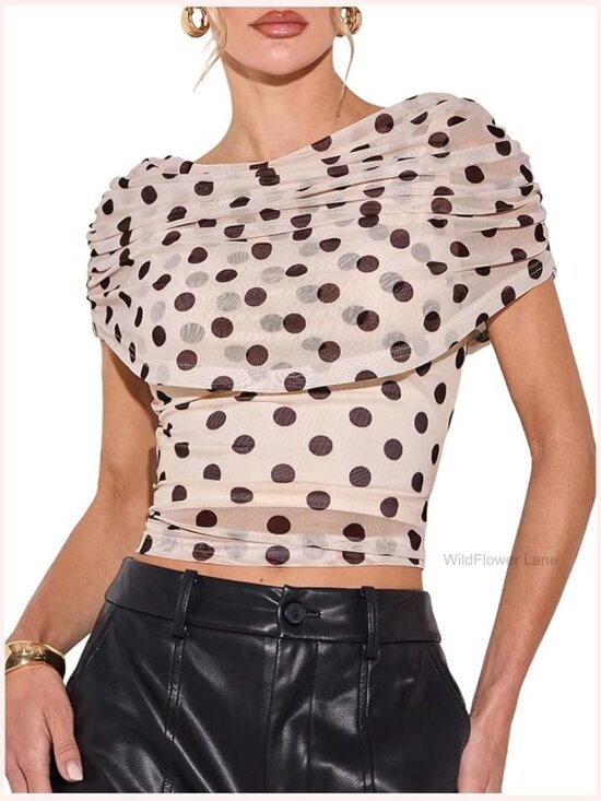Tops - Polka Dots Ruched Mesh Asymmetrical Blouse Going Out Top